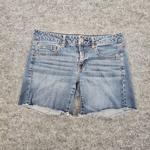American Eagle MIDI Jean Shorts Womens Size 4 Low Rise Blue Denim 2014 Raw Hem